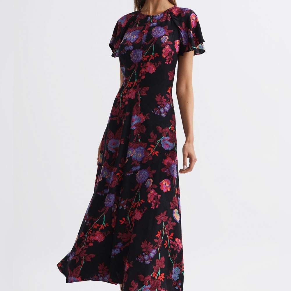 Reiss Black Purple Red Floral Short Sleeve Open Back Leni Midi Dress